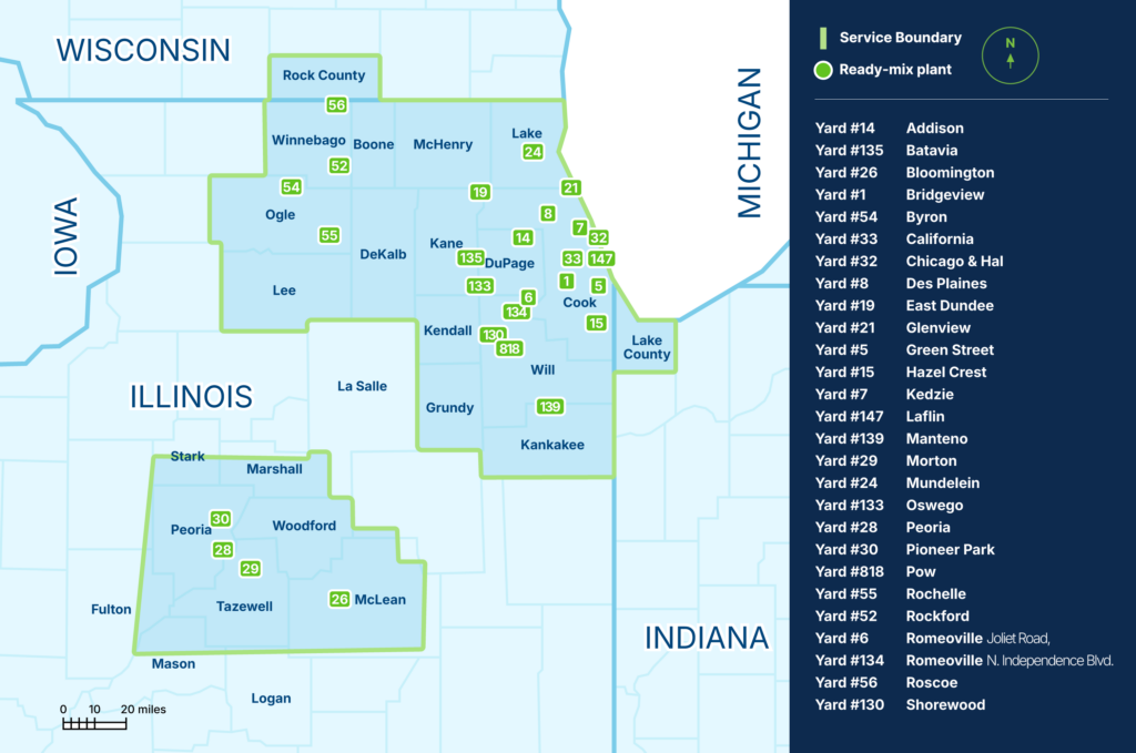 Prairie Materials Ready Mix Locations - map of ready-mix plants across northern and central Illinois, with a yard list