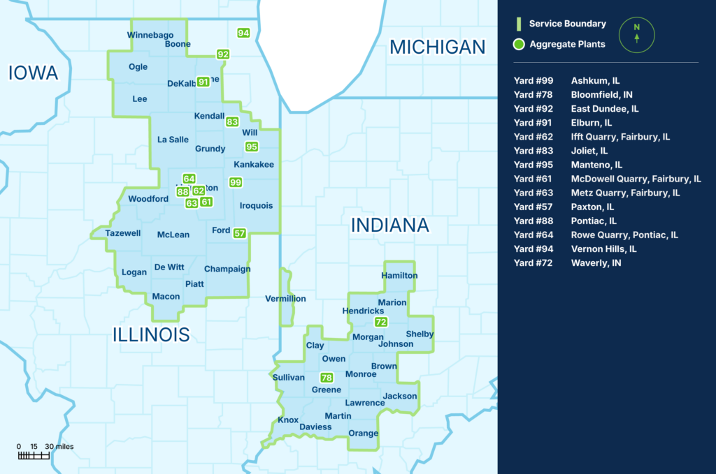 Prairie Materials Aggregates - map of aggregate plants and service areas in Illinois and Indiana, with a yard list